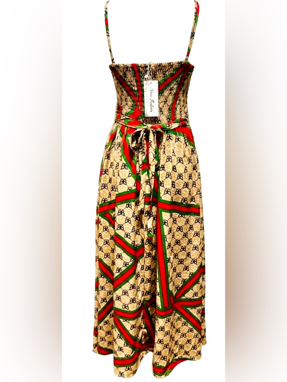 Beige Butterfly Monogram Smocked Maxi Dress Adjustable Straps Pockets Sundress - Picture 3 of 11